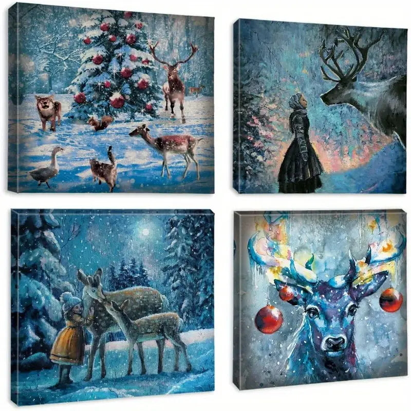 4pcsElk And Snow Night Picture Painting Wall Art Canvas Framed