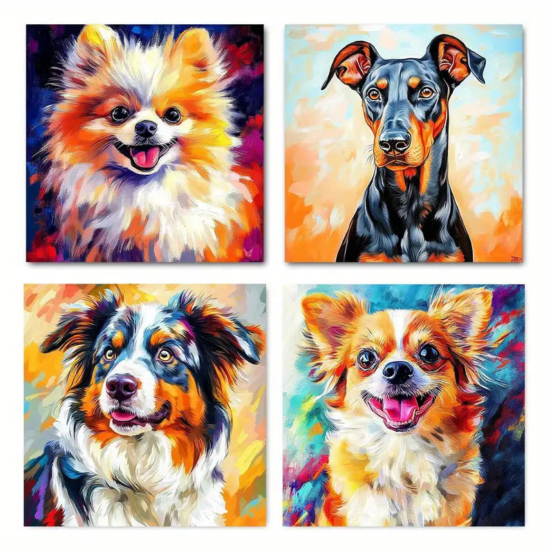 4pcs  Cute Dogs Funny Animal Do Wall Art Canvas Framed