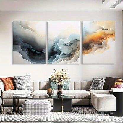 3pcs Soft Smoke Waves with Muted Tones Abstract Metal Print Ready to Hang Art