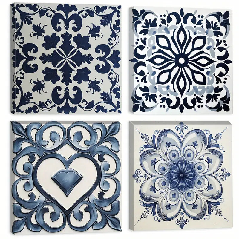 4pcs Featuring Blue & White Designs Mediterranean Wall Art Canvas Framed