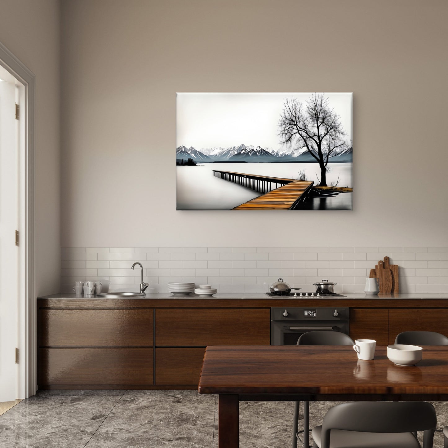 Black And White Wooden Pier Tree Lake Wall Art Decor 100% Australian Made