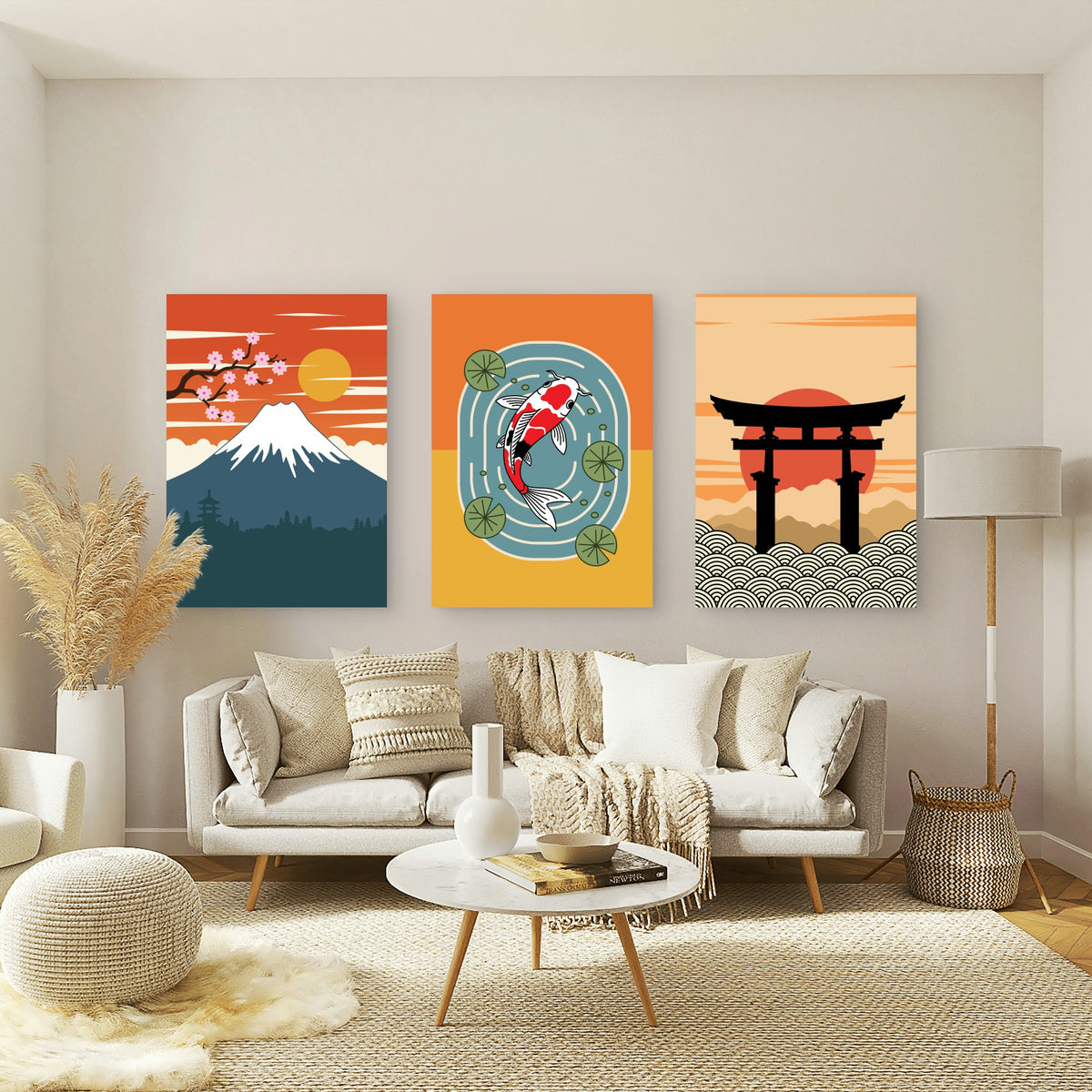 3pcs Japanese Mount Fuji Koi Fish Retro Zen Wall Art Set Canvas Framed 50x70cm - High Quality Print 100% Australian Made Wall Canvas Ready to Hang