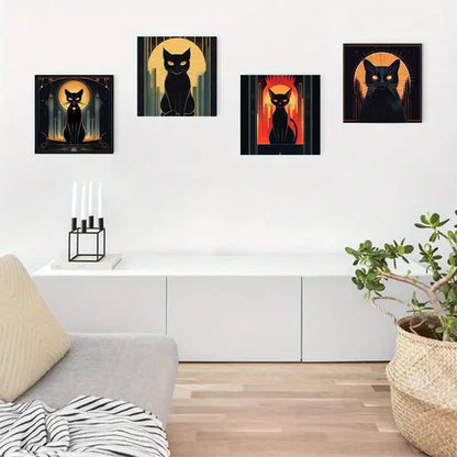 4pcs Vintage Abstract Black Cat Canvas Wall Art Canvas Framed