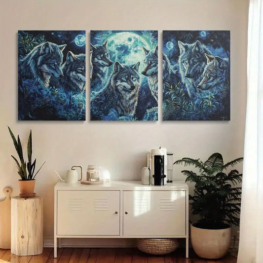 3pcs Mystical Gathering of Wolves Under Full Moon Metal Print Ready to Hang Art