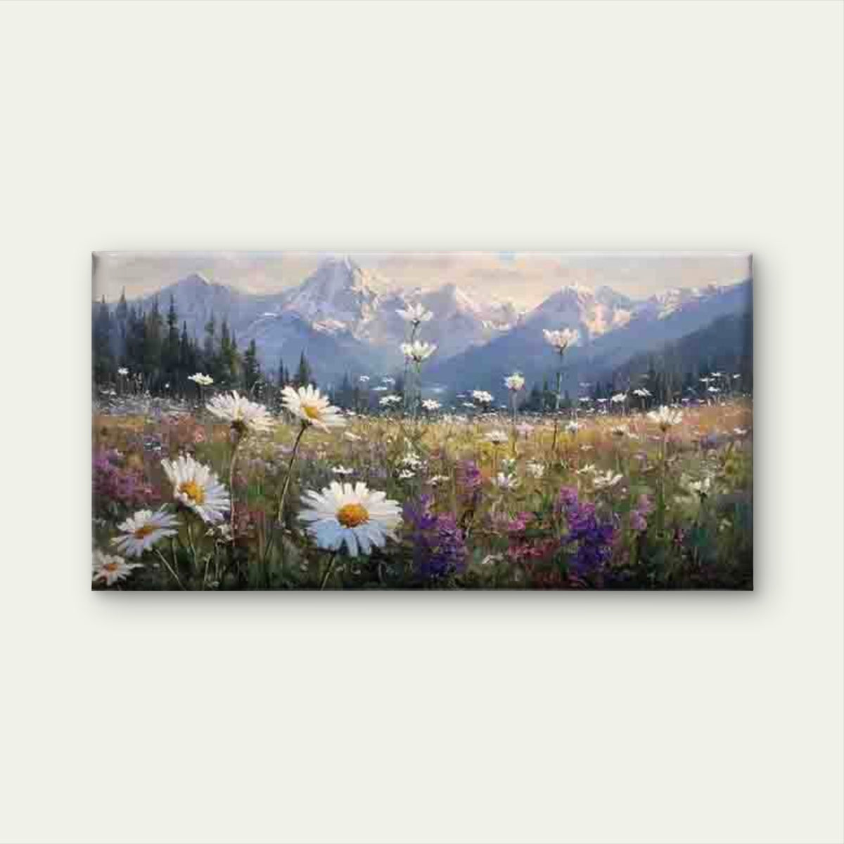 Daisies Against a Mountain Back Wall Art Canvas Office Home Room Framed 120x60cm