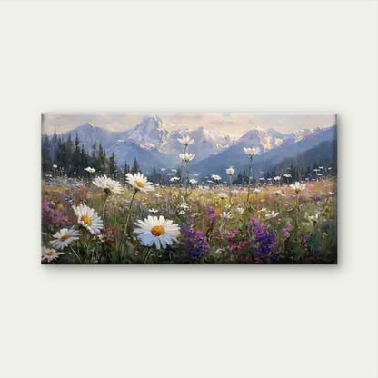 Daisies Against a Mountain Back Wall Art Canvas Office Home Room Framed 120x60cm