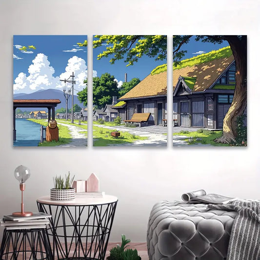 3pcs Countryside House & River View Landscape Wall Art Set Canvas Framed 60x90cm - High Quality Print 100% Australian Made Wall Canvas Ready to Hang