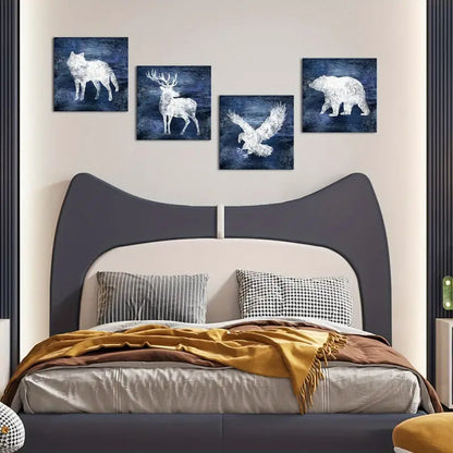 4pcs Wolf, Deer, Elk, Bear - Blue Forest  Wall Art Canvas Framed