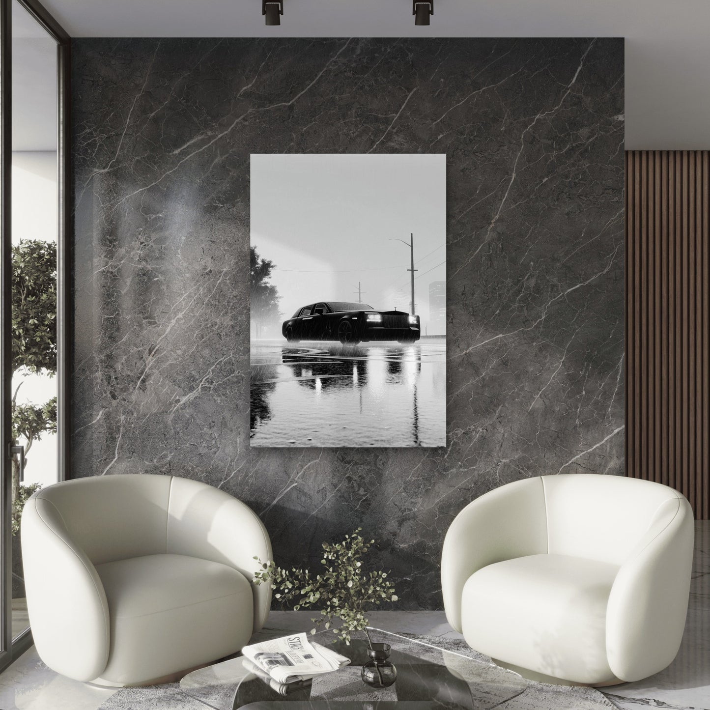 Rainy Cityscape Luxury Car Monochrome 40x60cm Metal Print Ready to Hang