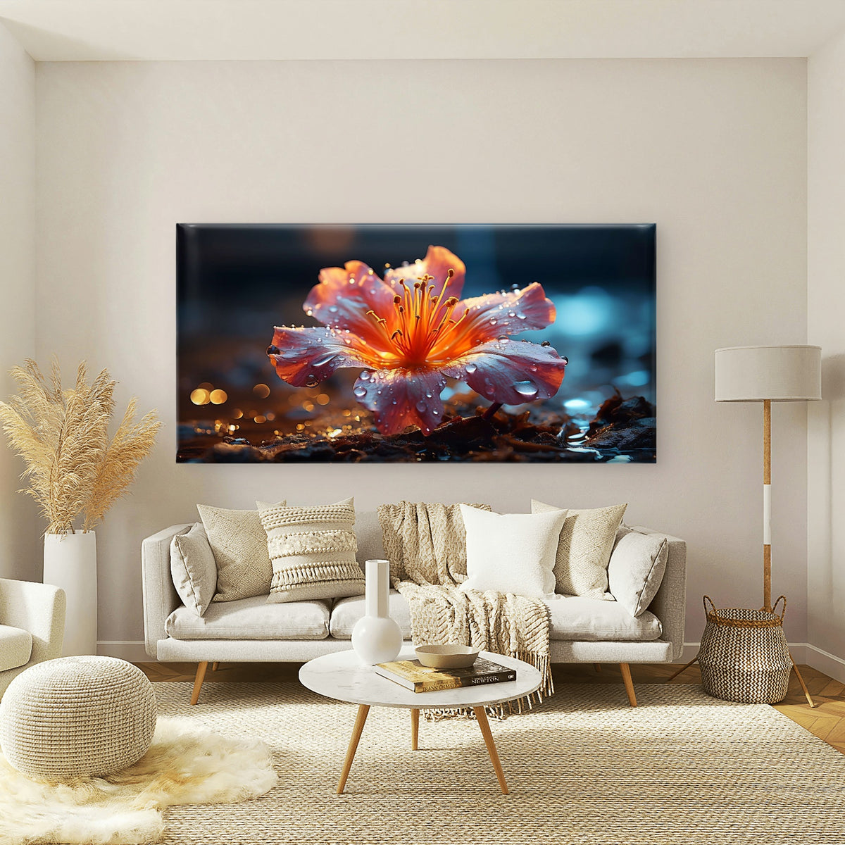 Orange Flower In The Dark Wall Art Canvas Office Home Room Framed 120x60cm