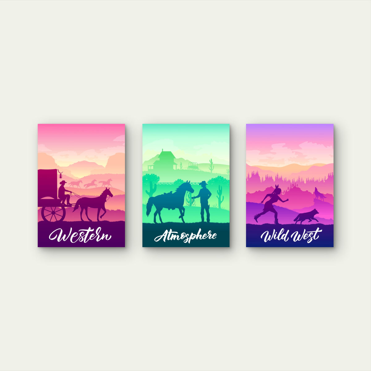 3pcs Retro Wild West Cowboy Landscape Wall Art Set Canvas Framed 40x60cm - High Quality Print 100% Australian Made Wall Canvas Ready to Hang