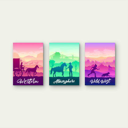 3pcs Retro Wild West Cowboy Landscape Wall Art Set Canvas Framed 40x60cm - High Quality Print 100% Australian Made Wall Canvas Ready to Hang