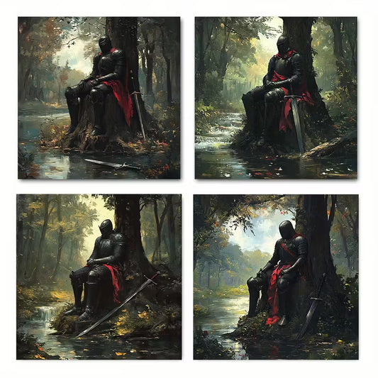 4pcs Knight In Repair Steel Armo Elegant  Wall Art Canvas Framed