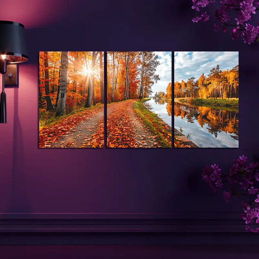3pcs Vivid Autumn Trees And Reflective Landscapes Metal Print Ready to Hang Art