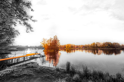 Yellow Pier in lake sunset black and white Stunning Design Print 100% Australian Made