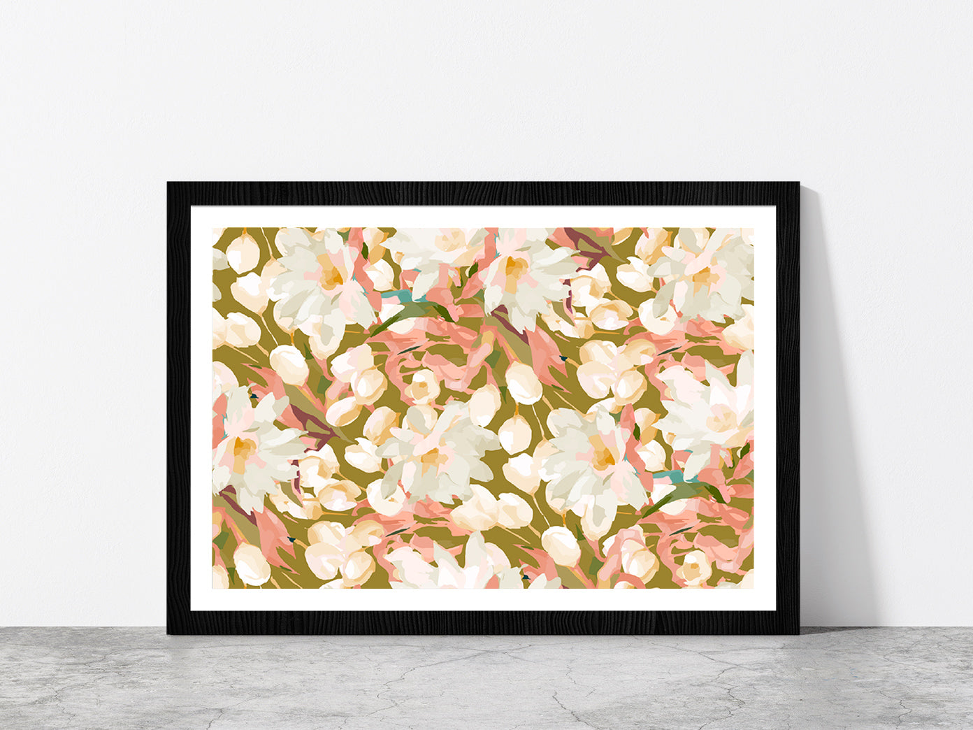 Seamless Flowers Abstract Pattern Glass Framed Wall Art, Ready to Hang Quality Print With White Border Black