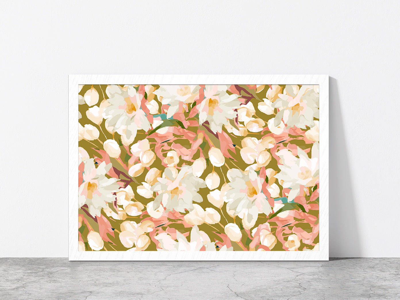 Seamless Flowers Abstract Pattern Glass Framed Wall Art, Ready to Hang Quality Print Without White Border White