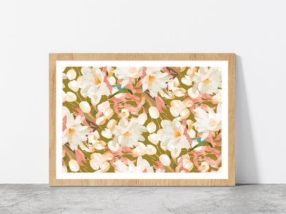 Seamless Flowers Abstract Pattern Glass Framed Wall Art, Ready to Hang Quality Print With White Border Oak