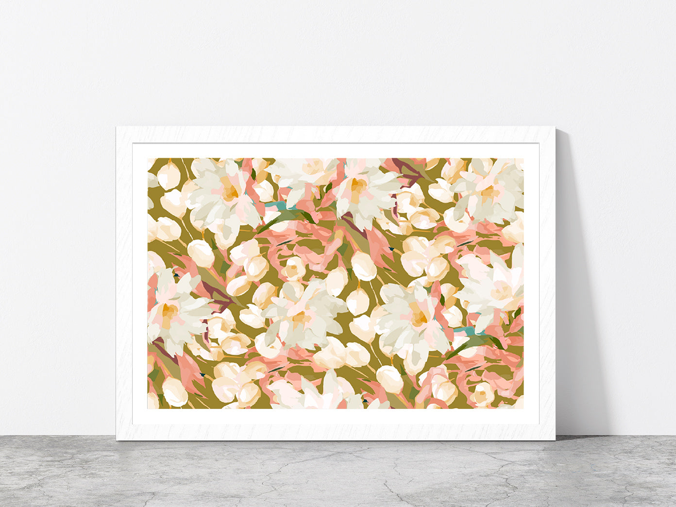 Seamless Flowers Abstract Pattern Glass Framed Wall Art, Ready to Hang Quality Print With White Border White