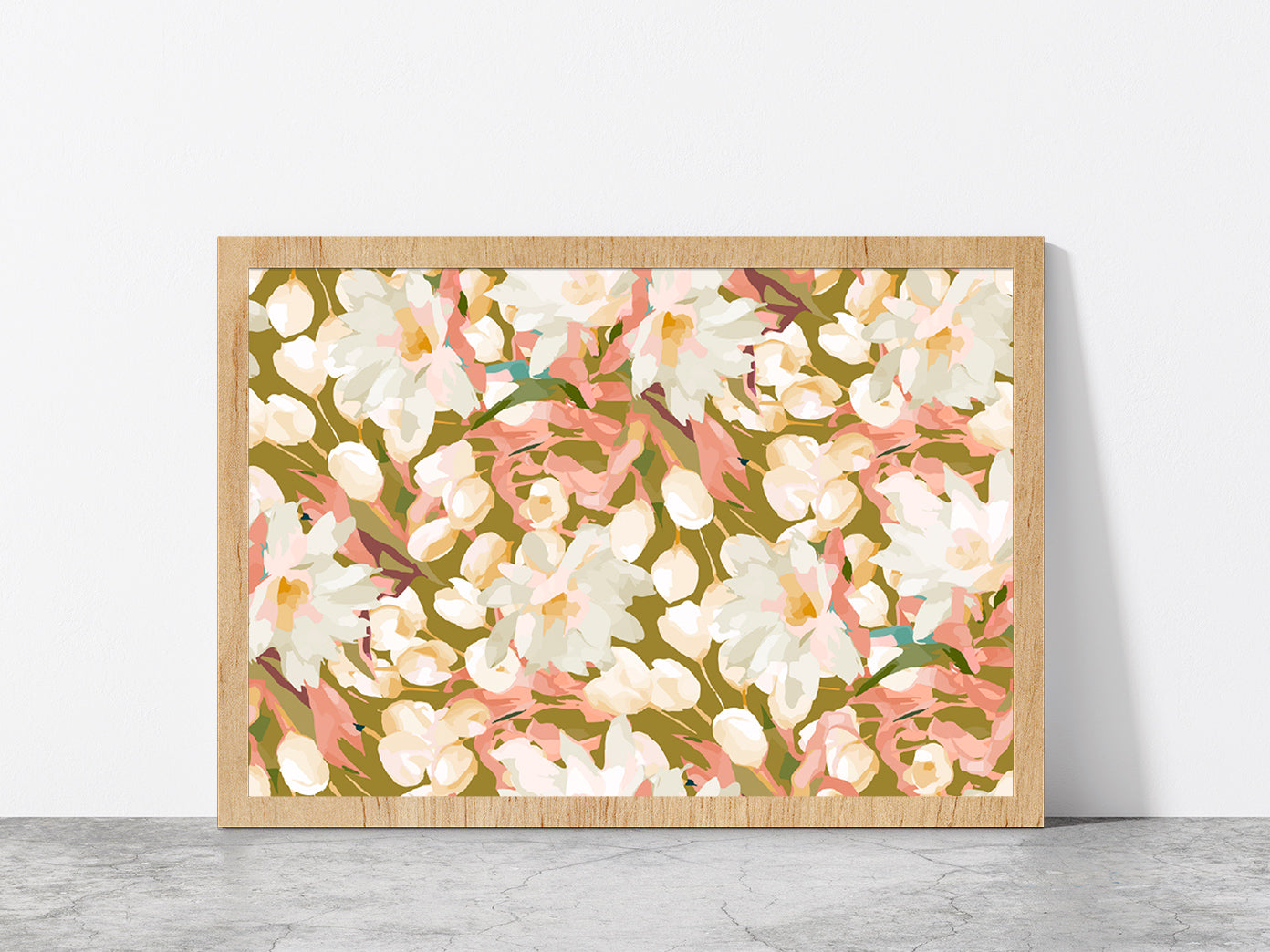 Seamless Flowers Abstract Pattern Glass Framed Wall Art, Ready to Hang Quality Print Without White Border Oak