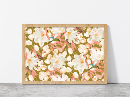 Seamless Flowers Abstract Pattern Glass Framed Wall Art, Ready to Hang Quality Print Without White Border Oak