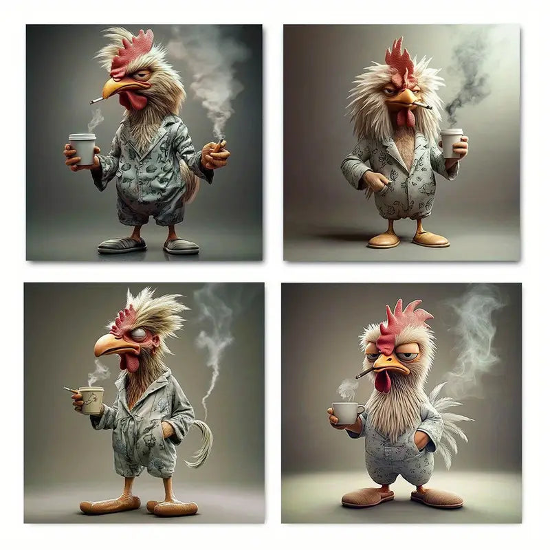 4pcs Modern Bird With Coffee Canvas Art Wall Art Canvas Framed