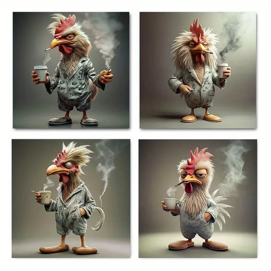 4pcs Modern Bird With Coffee Canvas Art Wall Art Canvas Framed