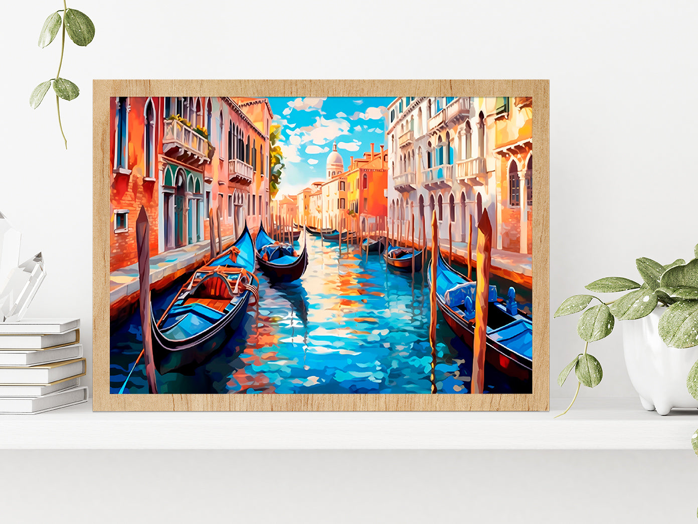 Boats With City Of Venice Painting Glass Framed Wall Art, Ready to Hang Quality Print Without White Border Oak