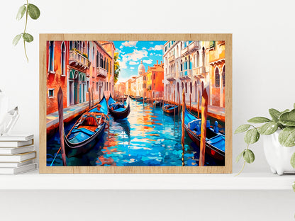 Boats With City Of Venice Painting Glass Framed Wall Art, Ready to Hang Quality Print Without White Border Oak