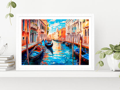 Boats With City Of Venice Painting Glass Framed Wall Art, Ready to Hang Quality Print With White Border White