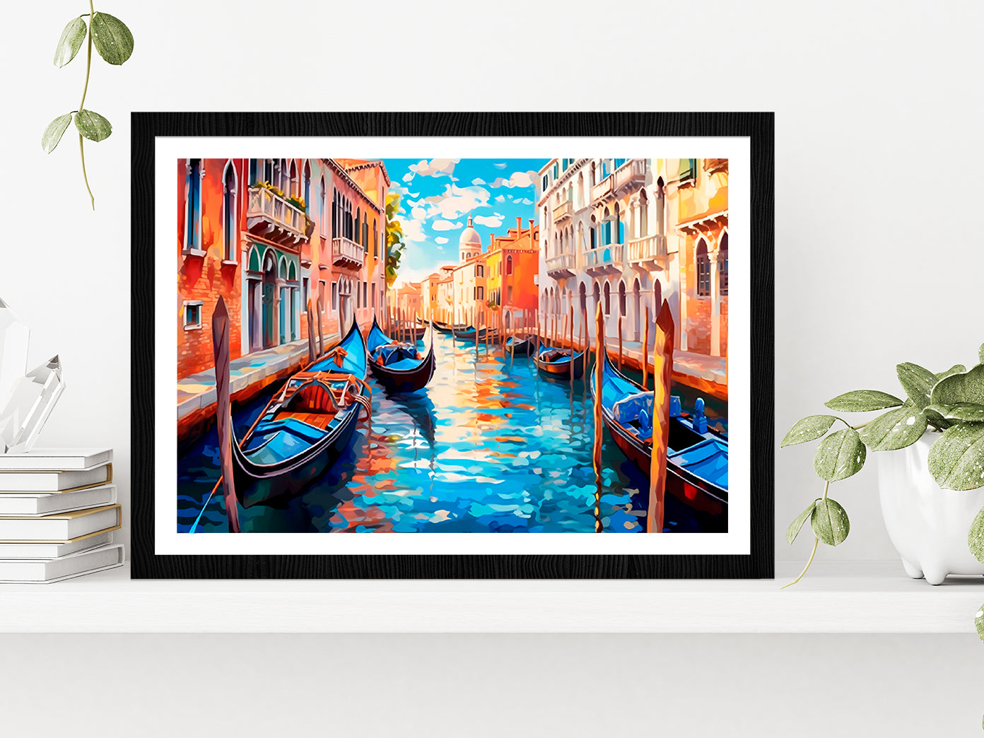 Boats With City Of Venice Painting Glass Framed Wall Art, Ready to Hang Quality Print With White Border Black