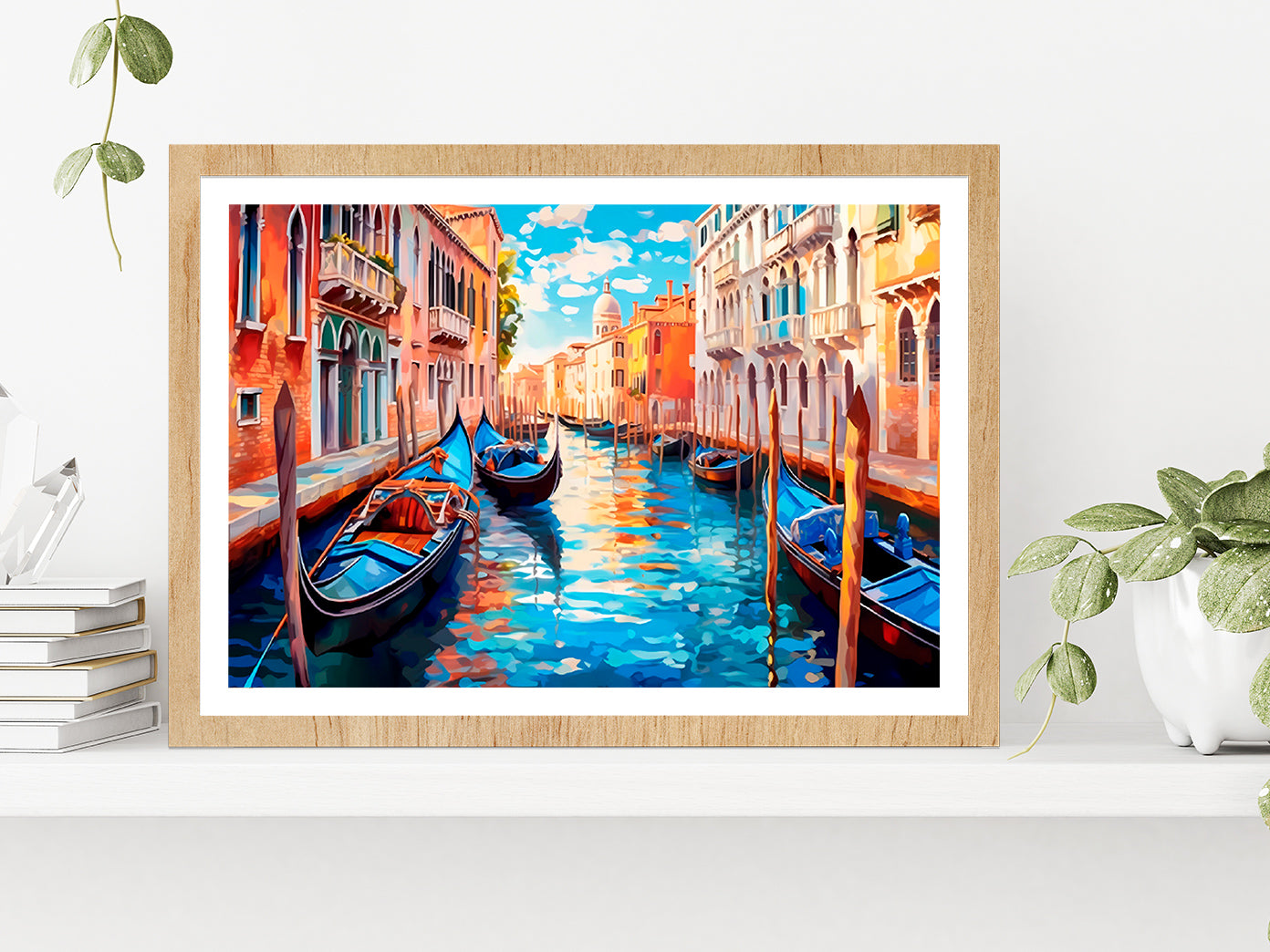 Boats With City Of Venice Painting Glass Framed Wall Art, Ready to Hang Quality Print With White Border Oak