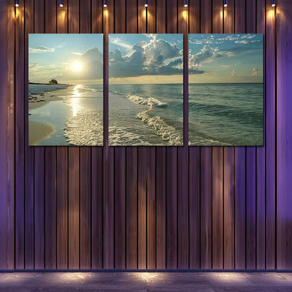 3pcs Secluded Beach at Dawn Wall Art Set Canvas Framed 60x90cm - High Quality Print 100% Australian Made Wall Canvas Ready to Hang