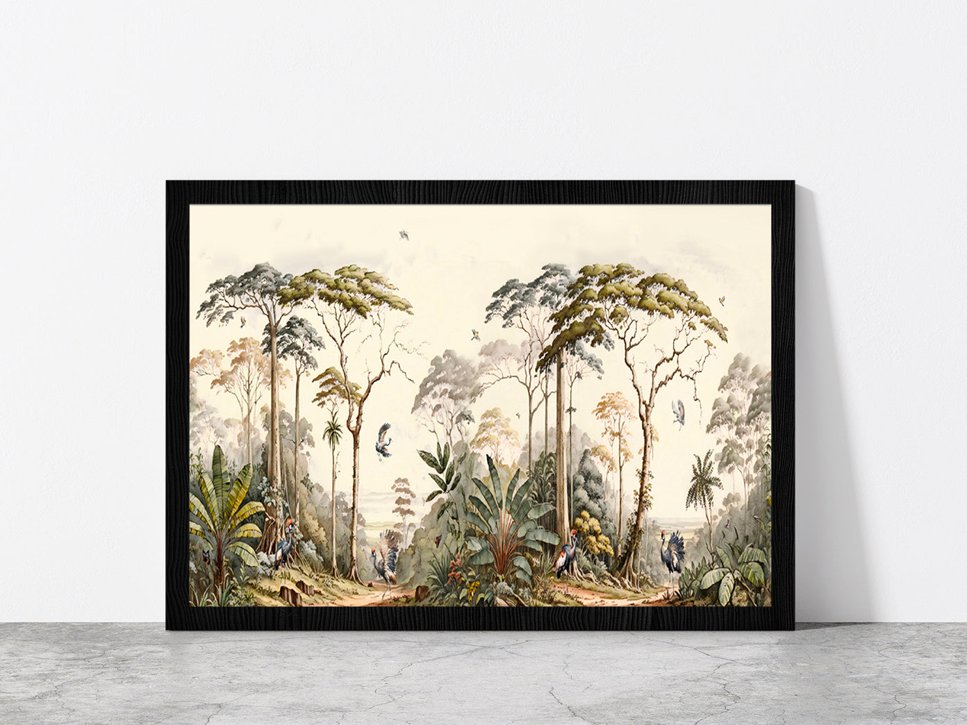 Forest Landscape With Birds Painting Glass Framed Wall Art, Ready to Hang Quality Print Without White Border Black