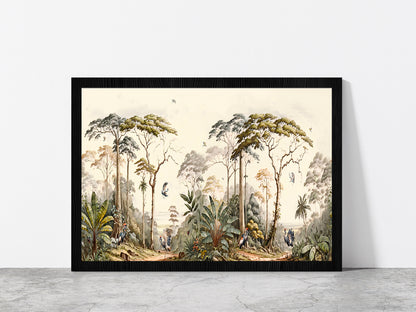 Forest Landscape With Birds Painting Glass Framed Wall Art, Ready to Hang Quality Print Without White Border Black