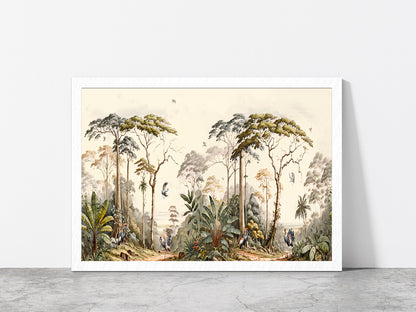 Forest Landscape With Birds Painting Glass Framed Wall Art, Ready to Hang Quality Print Without White Border White