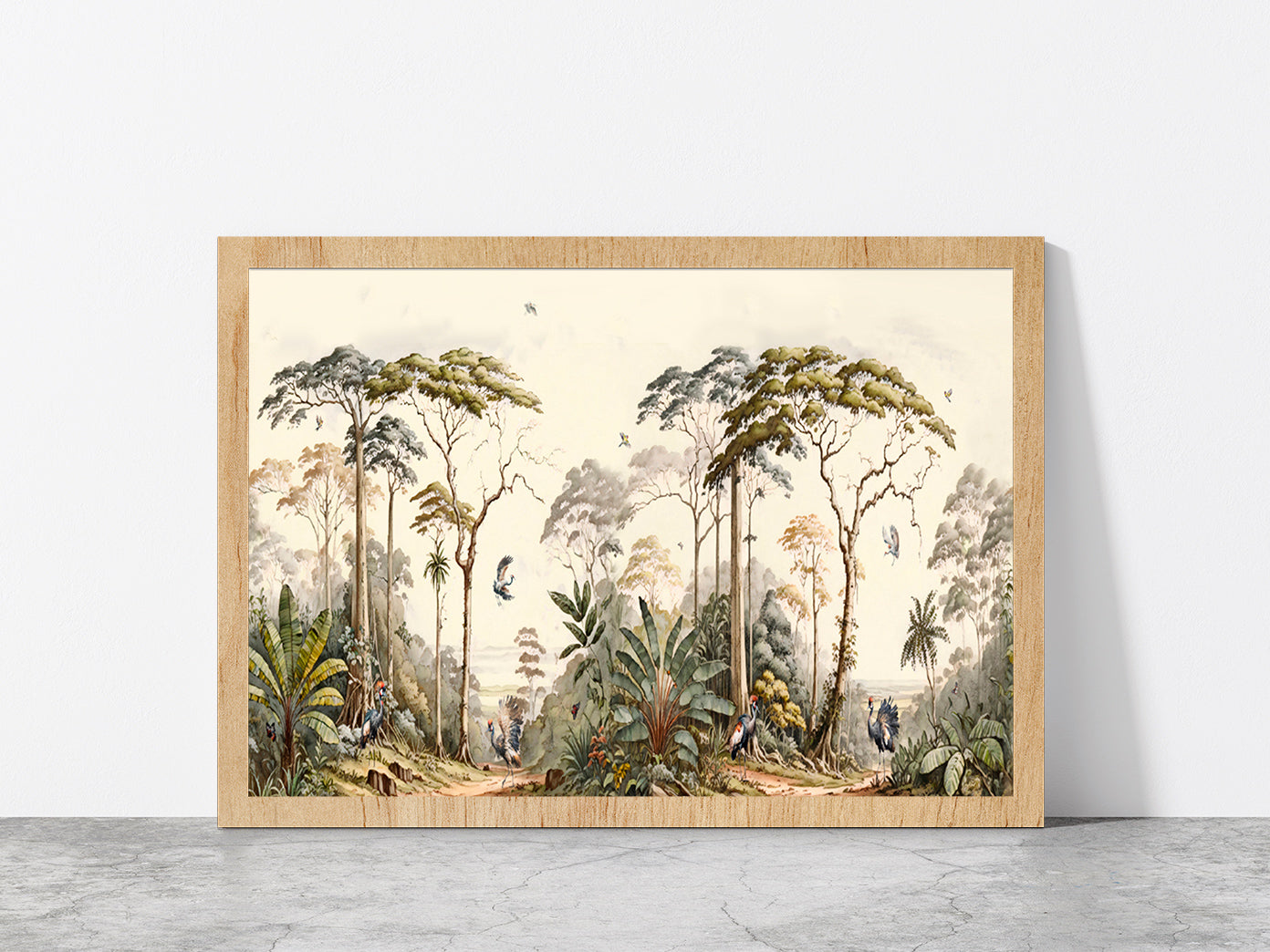 Forest Landscape With Birds Painting Glass Framed Wall Art, Ready to Hang Quality Print Without White Border Oak