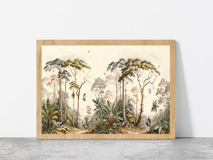 Forest Landscape With Birds Painting Glass Framed Wall Art, Ready to Hang Quality Print Without White Border Oak