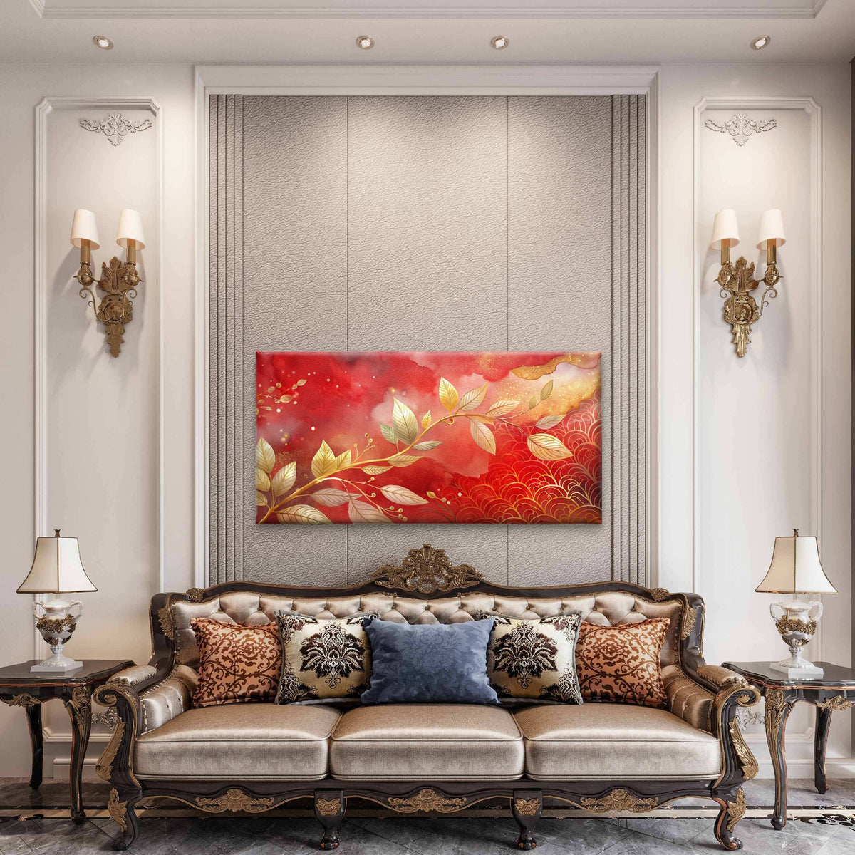 Golden Leaves Red Sky Wall Art Canvas Office Home Room Framed 120x60cm