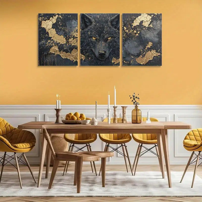 3pcs Black and Golden Eyes Wolf Abstract Metal Print Ready to Hang Art
