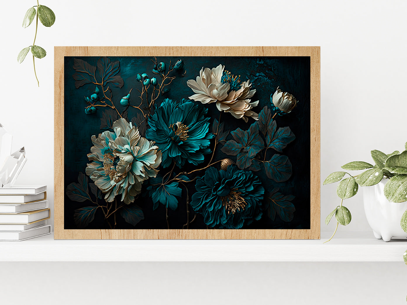 Painted Flowers Dark Moody Glass Framed Wall Art, Ready to Hang Quality Print Without White Border Oak