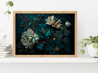 Painted Flowers Dark Moody Glass Framed Wall Art, Ready to Hang Quality Print Without White Border Oak