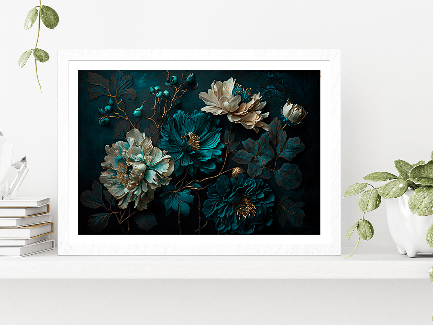 Painted Flowers Dark Moody Glass Framed Wall Art, Ready to Hang Quality Print With White Border White