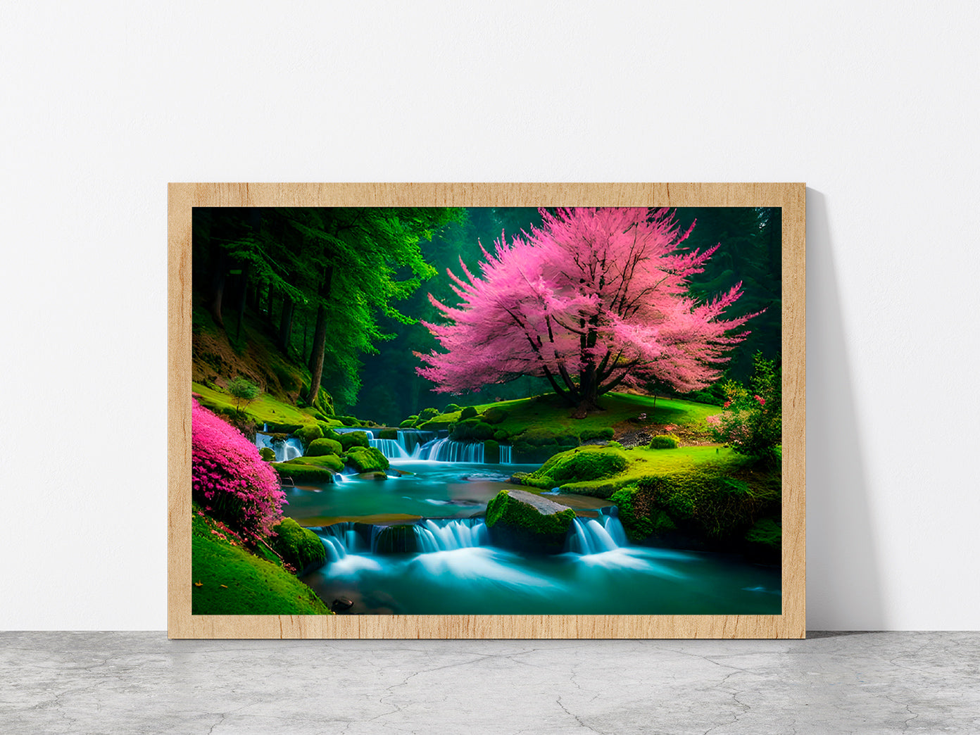 Spring Forest & Waterfall Glass Framed Wall Art, Ready to Hang Quality Print Without White Border Oak