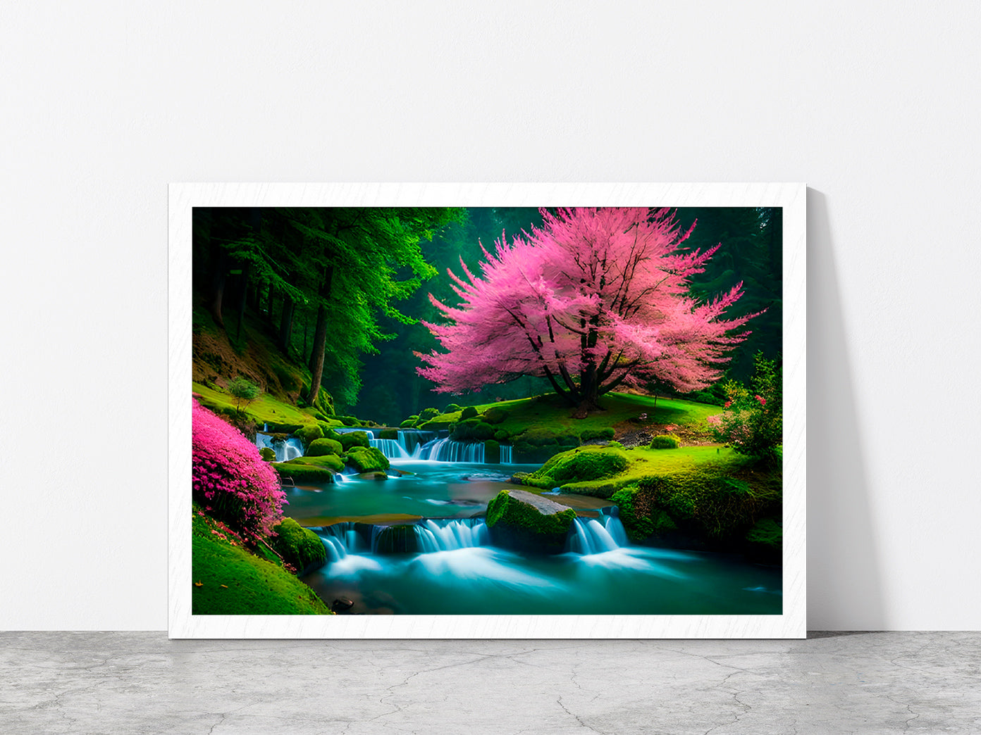 Spring Forest & Waterfall Glass Framed Wall Art, Ready to Hang Quality Print Without White Border White