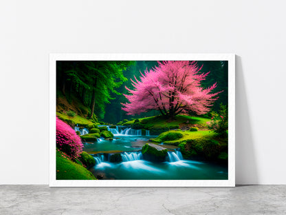 Spring Forest & Waterfall Glass Framed Wall Art, Ready to Hang Quality Print Without White Border White