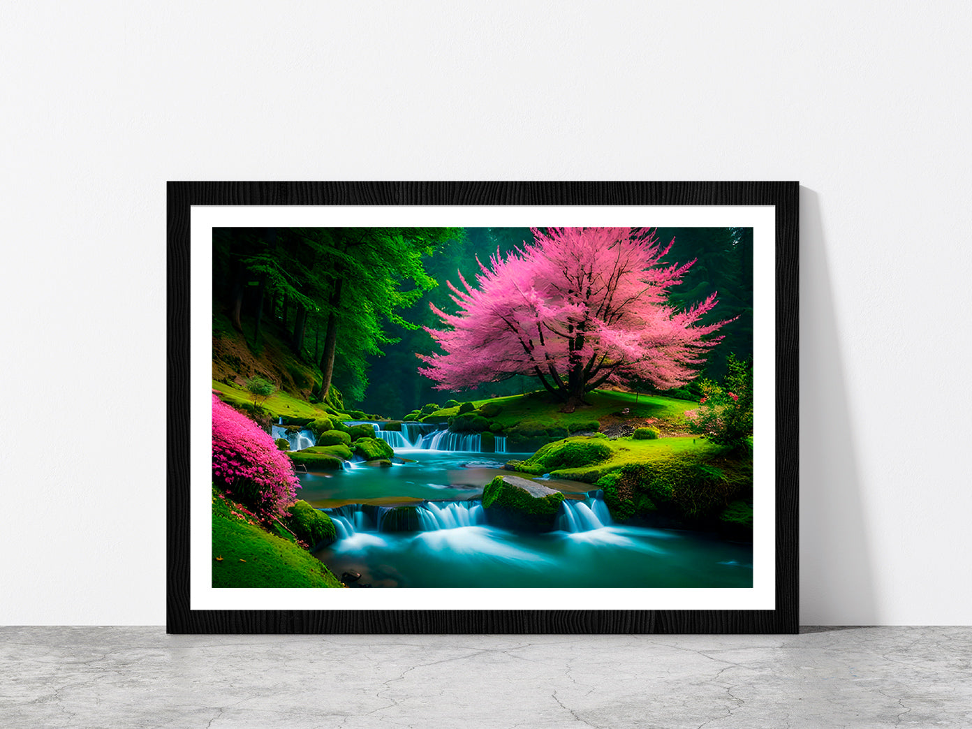 Spring Forest & Waterfall Glass Framed Wall Art, Ready to Hang Quality Print With White Border Black