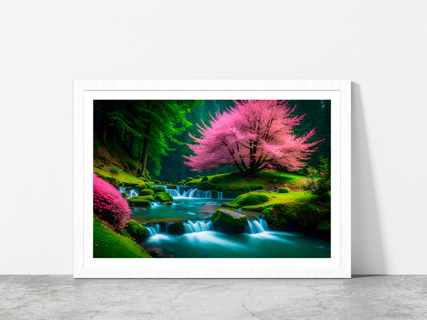 Spring Forest & Waterfall Glass Framed Wall Art, Ready to Hang Quality Print With White Border White