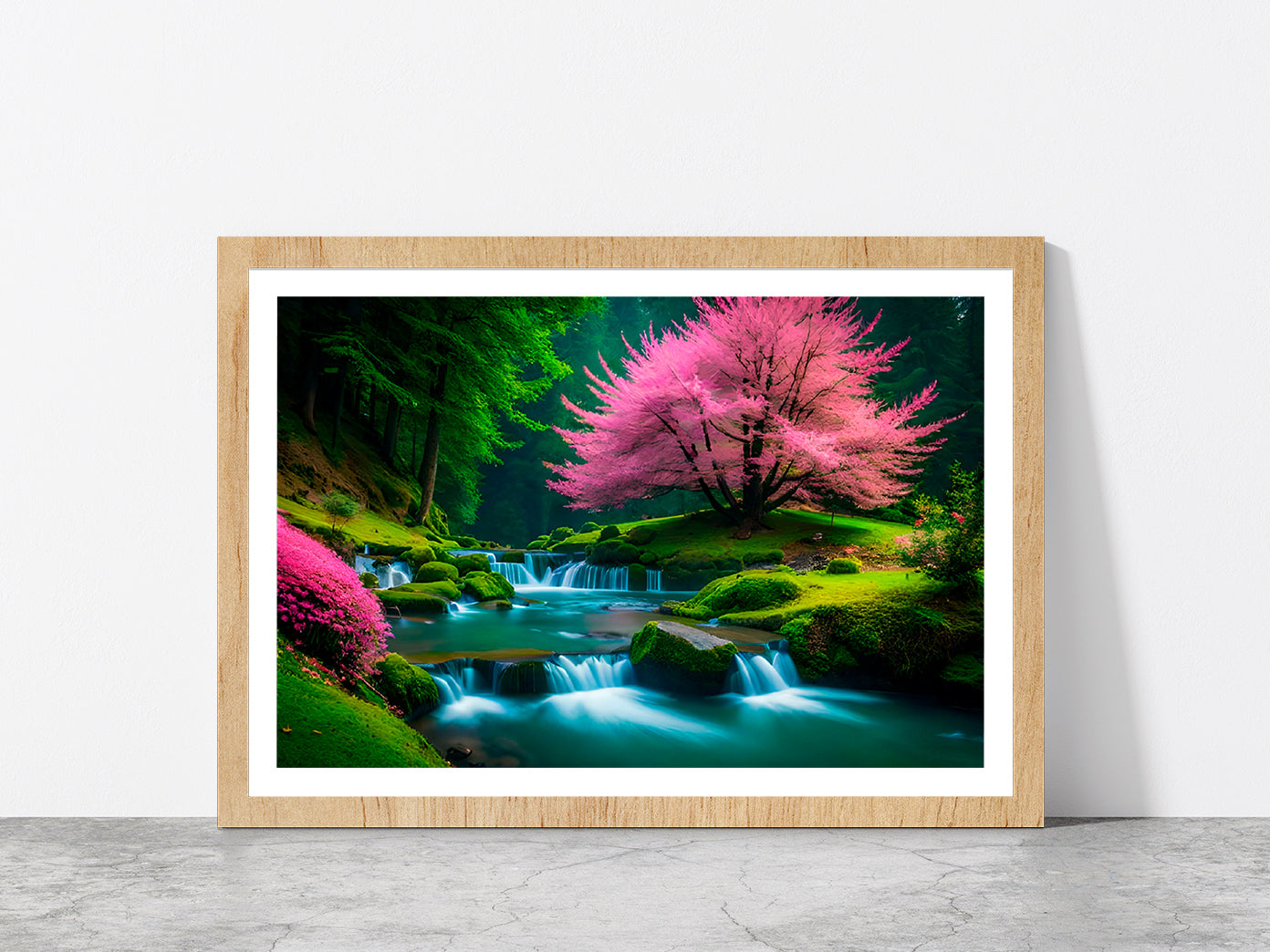 Spring Forest & Waterfall Glass Framed Wall Art, Ready to Hang Quality Print With White Border Oak