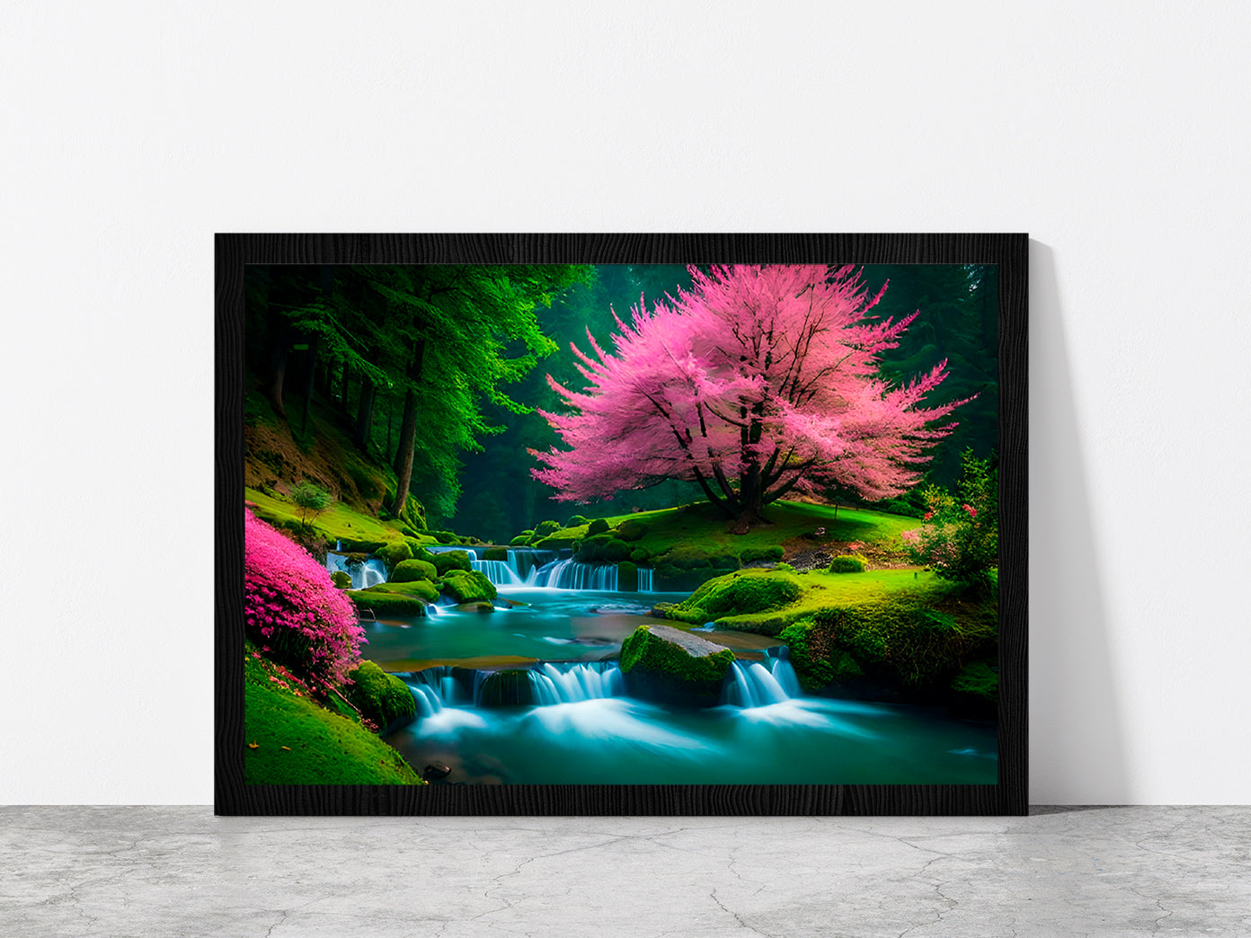 Spring Forest & Waterfall Glass Framed Wall Art, Ready to Hang Quality Print Without White Border Black